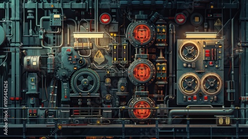 Detailed illustration of a complex industrial machine, featuring intricate gears, pipes, and control panels, set against a dark background.