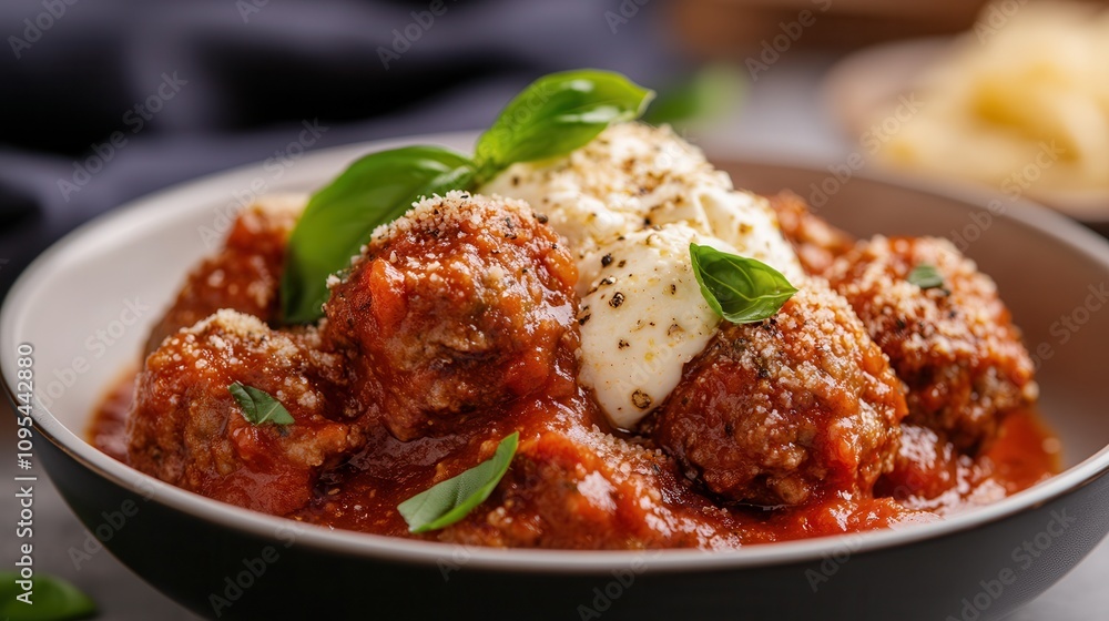 Delicious meatballs served in rich tomato sauce topped with creamy mozzarella and fresh basil on a rustic table setting Delicious meatballs served in rich tomato sauce topped with creamy mozzarella and fresh basil on a rustic table setting
