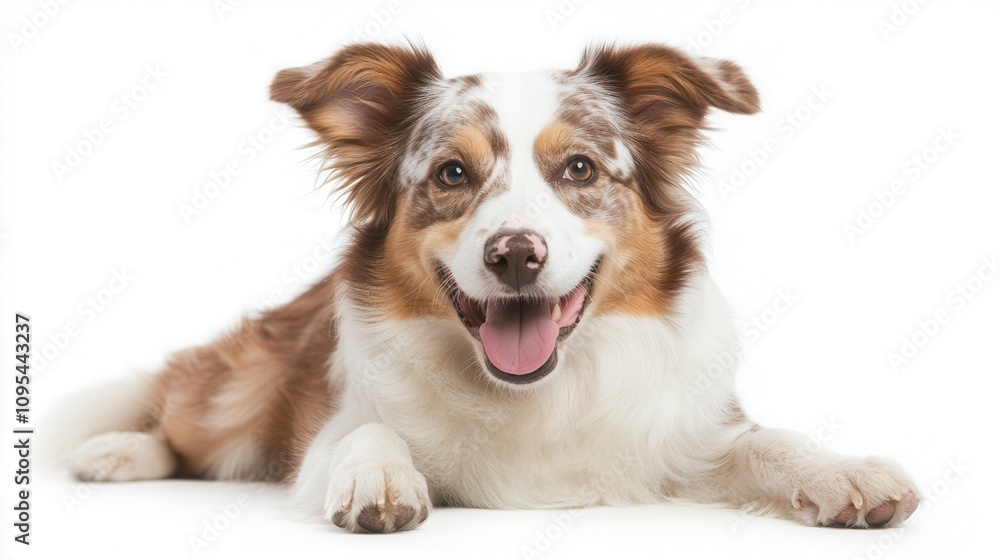 Fototapeta premium Fun-loving dog happily plays with a ball on a bright, clean white background during a lively afternoon