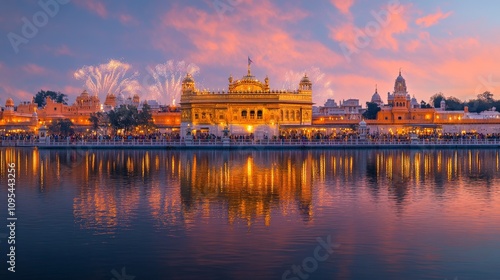 Golden Temple at Sunrise with Fireworks photo