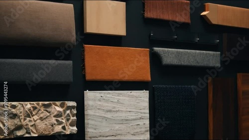 Modern black architect moodboard featuring sleek materials, textiles, and natural stone against a bold black background, providing a dramatic and professional presentation.