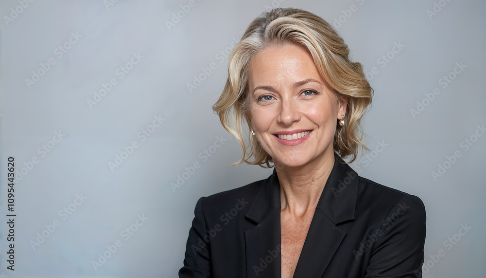 Smiling sophisticated 50s middle aged blond business woman looking at camera Smiling sophisticated 50s middle aged blond business woman looking at camera