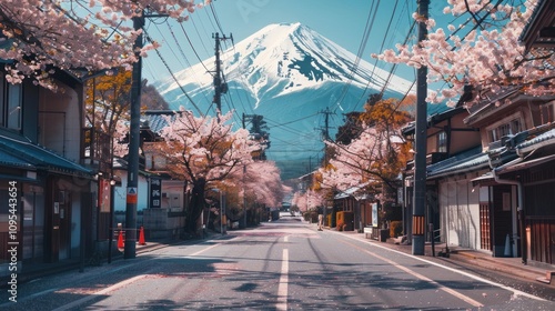 Scenic view of cherry blossoms with a backdrop of Mount Fuji.