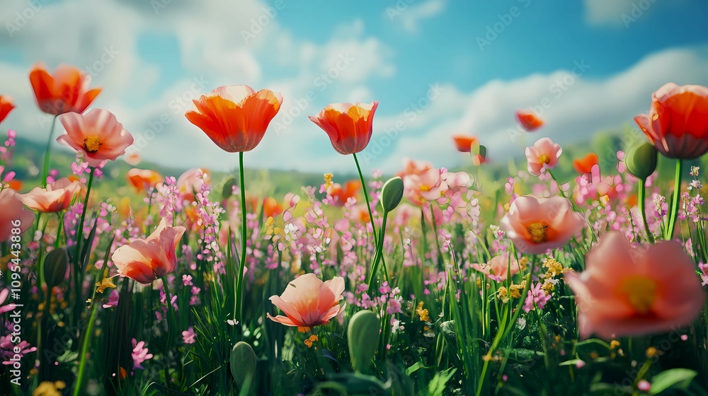 Illustration of a flower meadow in spring. Generative AI Illustration of a flower meadow in spring. Generative AI