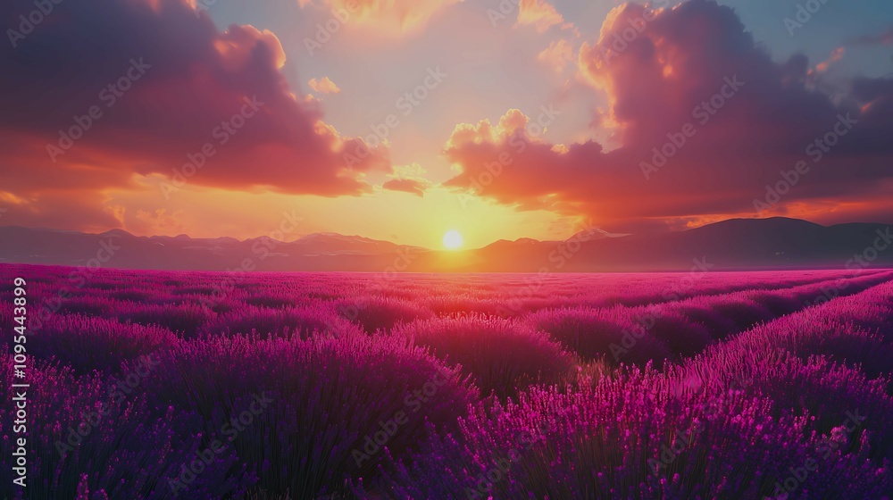 Stunning landscape with lavender field at sunset Stunning landscape with lavender field at sunset