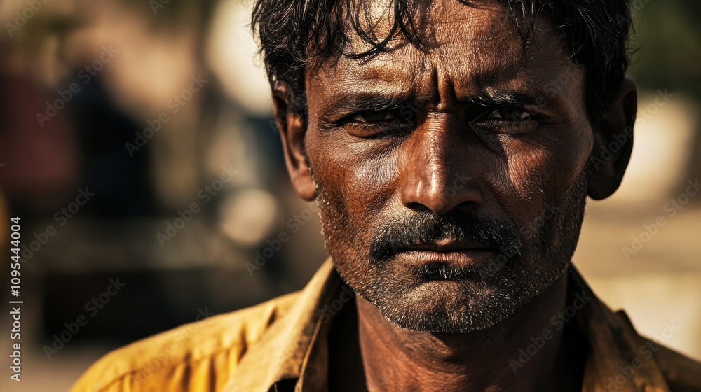 The stoic face of a migrant worker under a scorching sun, Illustrating the plight of migrant laborers, photography style The stoic face of a migrant worker under a scorching sun, Illustrating the plight of migrant laborers, photography style