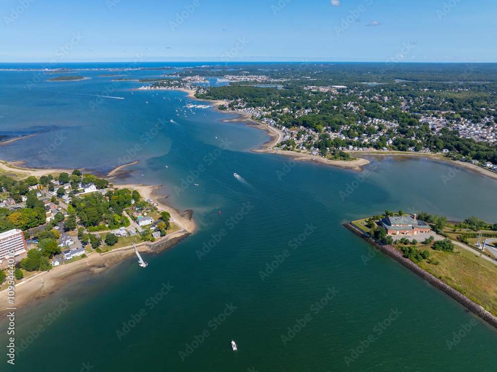 Fototapeta premium Weymouth Fore River mouth and King Cove aerial view to Hingham Bay between city of Quincy and Weymouth, Massachusetts MA, USA. 