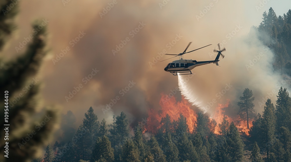 Helicopters combatting California forest fire in the mountains with rapid water drops Helicopters combatting California forest fire in the mountains with rapid water drops