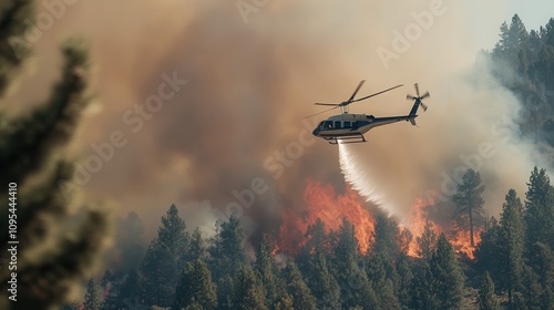 Helicopters combatting California forest fire in the mountains with rapid water drops