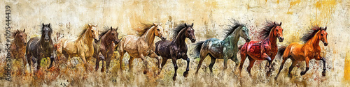 Abstract Herd: A herd of abstract horses gallop across a textured background in a frenzy of color and movement.