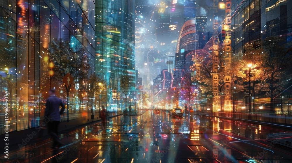Fototapeta premium A vibrant cityscape at night, illuminated by colorful lights and reflections on wet streets.