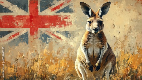 Kangaroo standing in field with Union Jack flag in background, Australian wildlife art, patriotic theme, vivid illustration, colorful painting, vibrant nature design photo