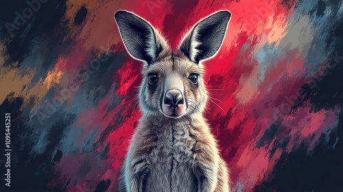 Vivid kangaroo portrait with colorful abstract background, artistic wildlife illustration, Australian animal art, vibrant colors, detailed painting, creative design, unique wildlife artwork photo