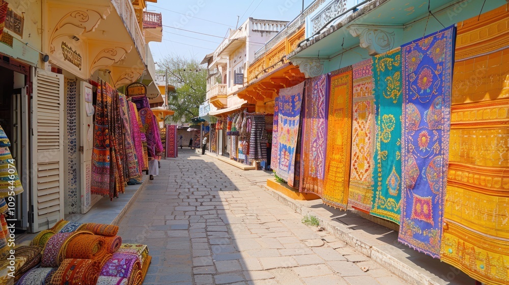 Fototapeta premium A vibrant market street displaying colorful textiles and fabrics for sale.