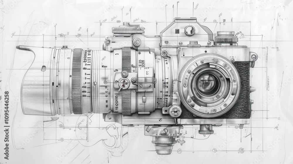 Obraz premium Detailed technical drawing of a vintage camera with lens.