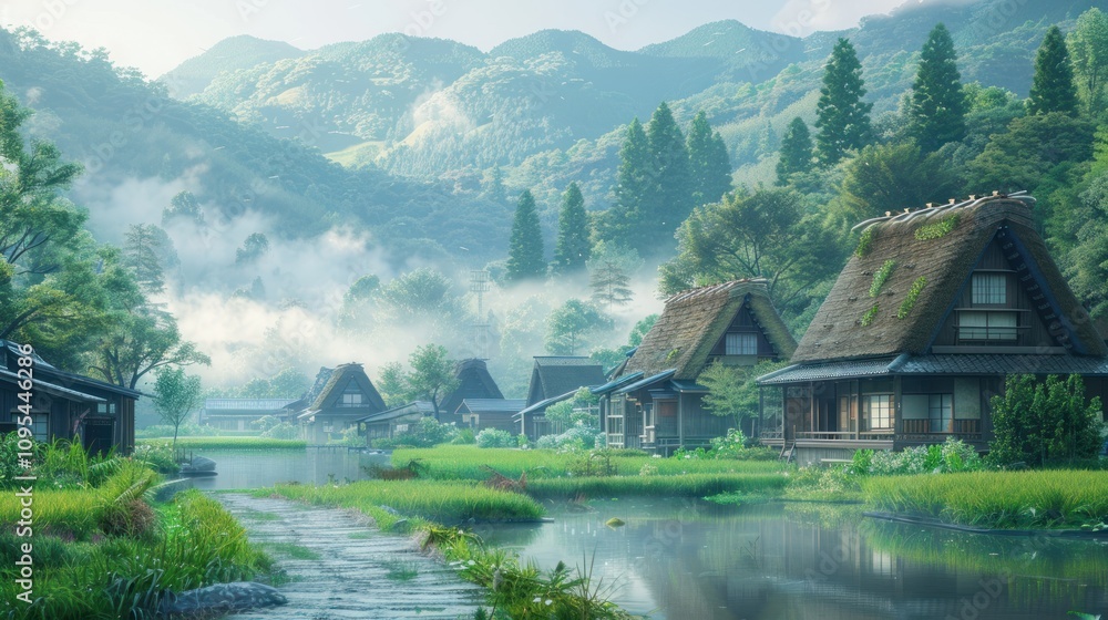 Serene village landscape with traditional houses amidst lush greenery and mountains. Serene village landscape with traditional houses amidst lush greenery and mountains.