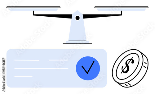 Balance scale with a check mark and a dollar coin. Ideal for financial stability, legal fairness, decision making, business principles, ethics, accounting, and investment. Line metaphor