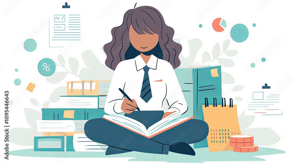 Young woman working on accounting tasks with notebooks and charts Young woman working on accounting tasks with notebooks and charts