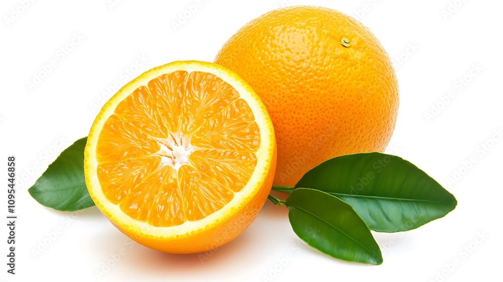 A close up of an orange and its half, with green leaves arranged around them, isolated on a white background, highlighting the freshness and vibrant colors A close up of an orange and its half, with green leaves arranged around them, isolated on a white background, highlighting the freshness and vibrant colors