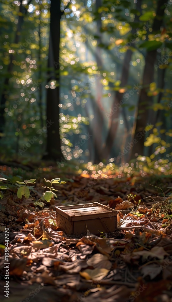 Hyper realistic depiction of an open shipping box on a leafy forest floor with sunlight glimmers Hyper realistic depiction of an open shipping box on a leafy forest floor with sunlight glimmers
