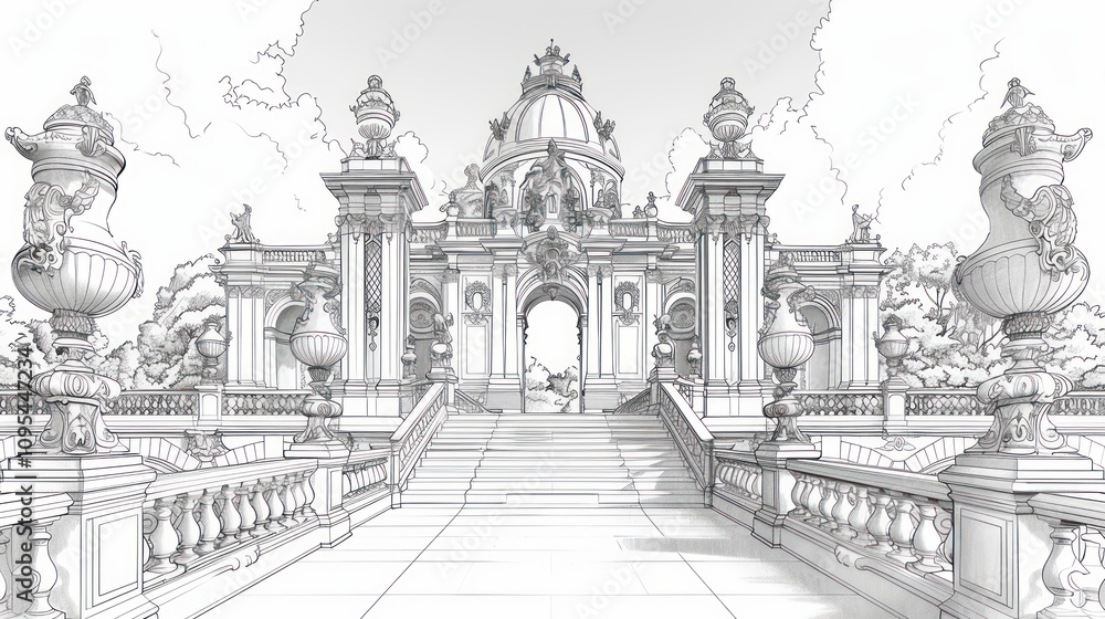 Grand architectural sketch of a majestic palace entrance with wide staircase, ornate columns, and large urns. Grand architectural sketch of a majestic palace entrance with wide staircase, ornate columns, and large urns.