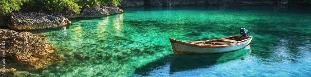 A lone boat sits at anchor, surrounded by the tranquil waters of a hidden cove, with lush vegetation providing a serene backdrop. A lone boat sits at anchor, surrounded by the tranquil waters of a hidden cove, with lush vegetation providing a serene backdrop.