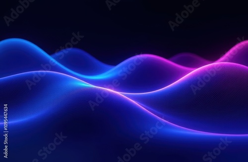 Abstract curved neon waves in blue and pink on black background