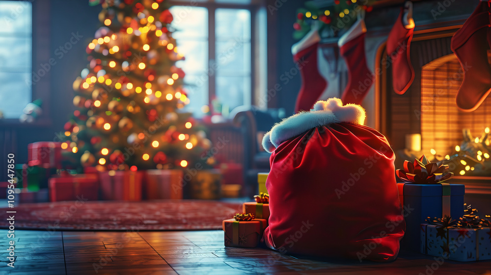 Obraz premium Cozy Christmas scene with Santa Claus's gift sack by the fireplace and a decorated tree, celebrating holiday festivities, warmth, and family joy. Copy space