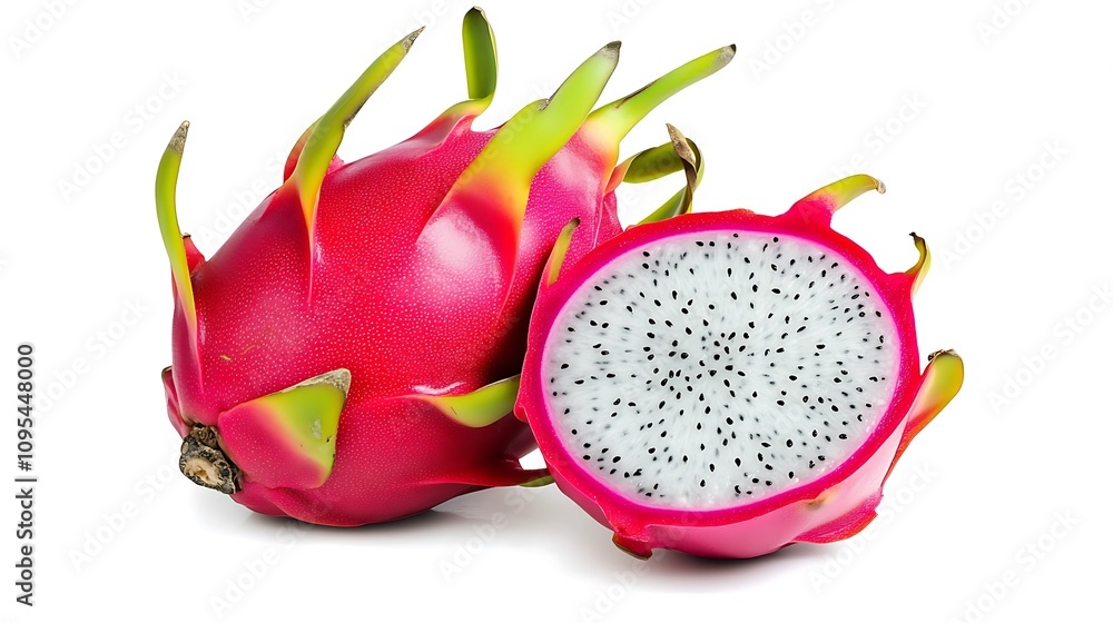 A whole dragon fruit and a sliced half, isolated against a clean white background. The image emphasizes the fruit's eye catching colors and unique texture A whole dragon fruit and a sliced half, isolated against a clean white background. The image emphasizes the fruit's eye catching colors and unique texture