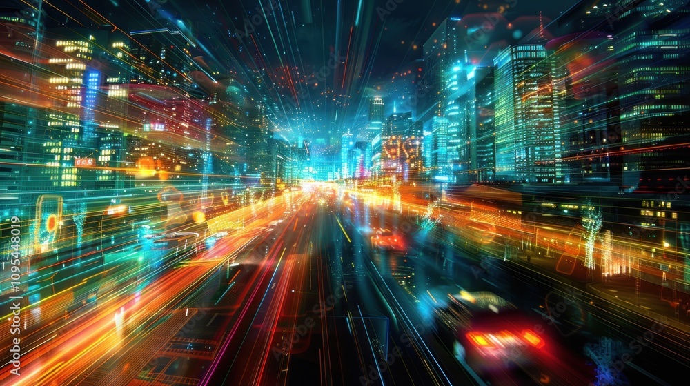 A vibrant cityscape with dynamic light trails, depicting urban energy and movement. A vibrant cityscape with dynamic light trails, depicting urban energy and movement.