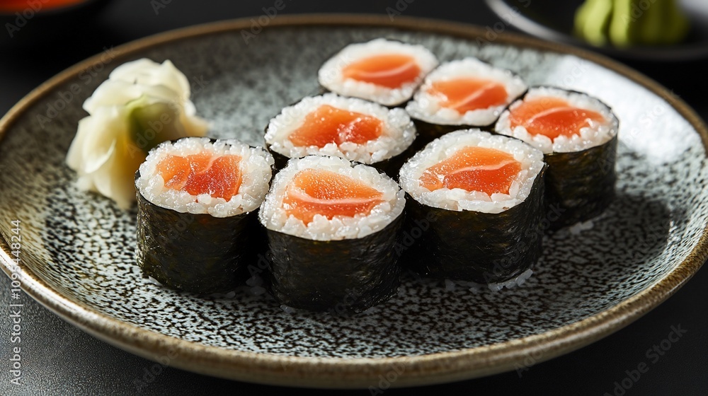 Eight pieces of salmon maki sushi on a plate. Eight pieces of salmon maki sushi on a plate.