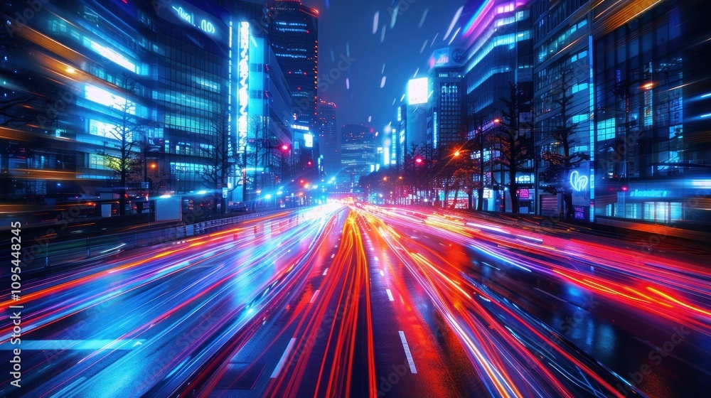 A vibrant cityscape at night with light trails from vehicles on a busy urban road. A vibrant cityscape at night with light trails from vehicles on a busy urban road.