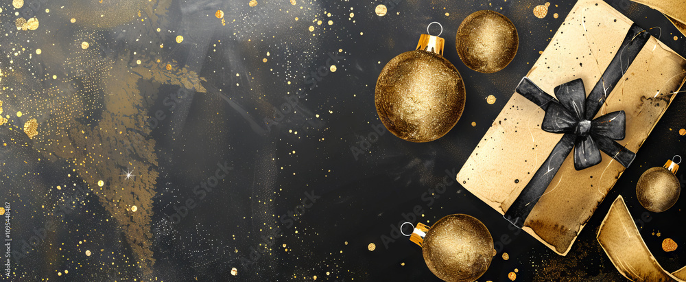 Naklejka premium Elegant Gold and Black Gift Wrapped with Ribbon Surrounded by Christmas Ornaments. Concept of Holiday Celebration, Festive Decor, Luxury Gifts, Elegant Design. Flat Lay. Copy space. Banner Watercolor