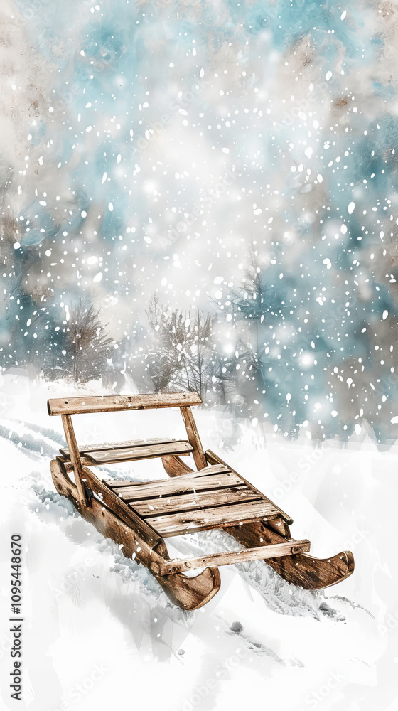 Watercolor Art of a Wooden Sled on Snowy Hill with Falling Snowflakes. Concept of Winter Adventure, Outdoor Fun, Snowy Landscape, Holiday Season. Vertical Watercolor Art of a Wooden Sled on Snowy Hill with Falling Snowflakes. Concept of Winter Adventure, Outdoor Fun, Snowy Landscape, Holiday Season. Vertical