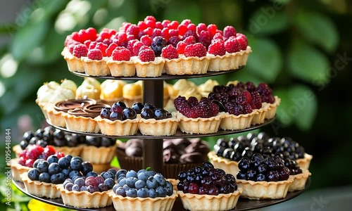 A Beautiful Display of Colorful Mini Tarts with Fresh Berries, Set Outdoors Surrounded by Lush Greenery, Perfect for Dessert Lovers and Event Catering