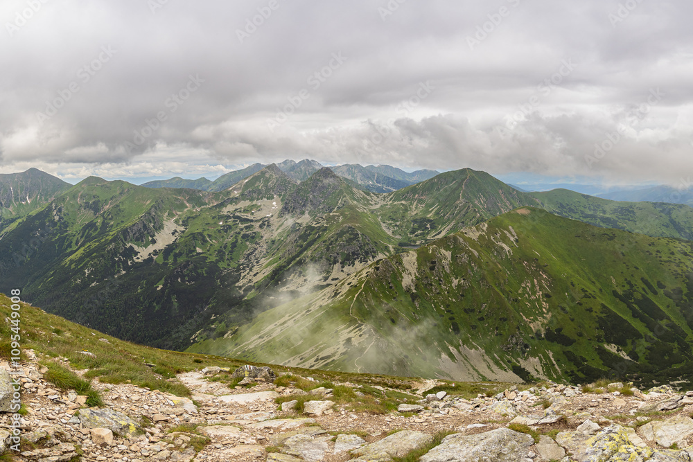 landscape in the mountains, view of the western Tatras in summer under a cloudy sky
