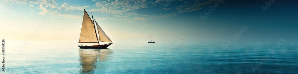 Fototapeta premium Serene Sail: A small boat gracefully gliding across calm water, with a vintage sailboat in the distance.