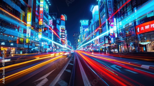 A vibrant cityscape at night with colorful lights and motion blur from passing vehicles.