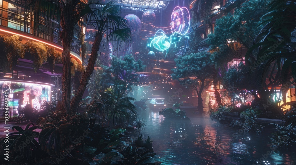 Fototapeta premium A vibrant, futuristic landscape featuring neon lights, water, and lush vegetation.