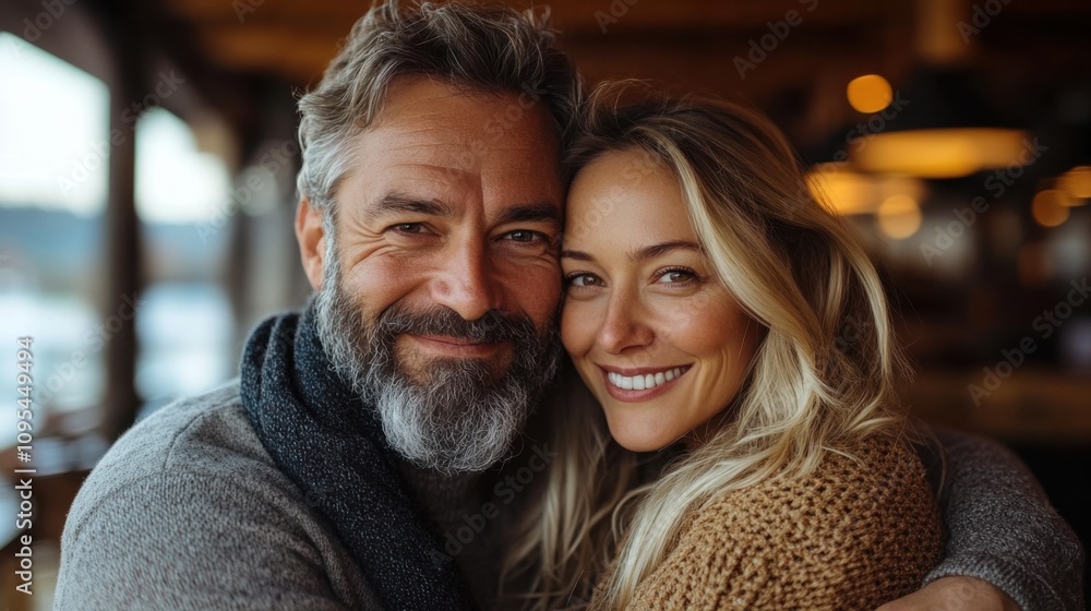 Close-up portrait of happy couple smiling warmly in winter clothes, outdoor love, romantic relationship, cozy moments, and affection in cold season Close-up portrait of happy couple smiling warmly in winter clothes, outdoor love, romantic relationship, cozy moments, and affection in cold season
