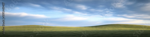 Peaceful Meadow at Dusk: Soft light bathes the gentle slopes, as fluffy clouds drift across the sky