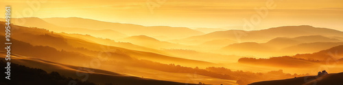 Serene Sunrise Over Silhouetted Hills: Golden rays bathe a misty landscape, casting long shadows on rolling hills.