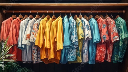 Colorful Hawaiian shirts neatly hung in wardrobe, tropical patterns, summer fashion, casual clothing, vacation style, bright colors, textile design, and beachwear aesthetics photo