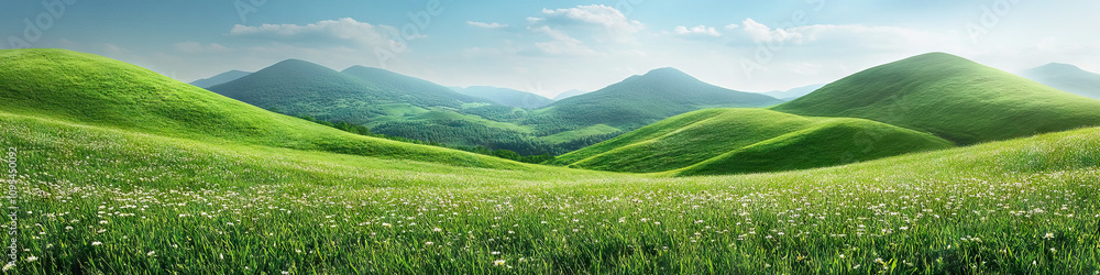 Verdant Hillscape: Lush green hills stretch to the horizon, dotted with wildflowers. Verdant Hillscape: Lush green hills stretch to the horizon, dotted with wildflowers.
