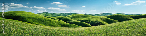 Verdant Hillscape: Lush green hills stretch to the horizon, dotted with wildflowers.