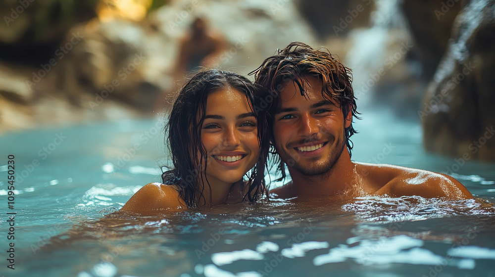 A happy couple smiles in clear water, enjoying summer relaxation and connection in a natural, serene setting A happy couple smiles in clear water, enjoying summer relaxation and connection in a natural, serene setting