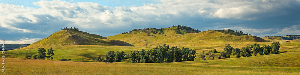 Obraz premium Majestic Mounds: Grand hills, towering above the landscape, dotted with majestic trees and wildlife.