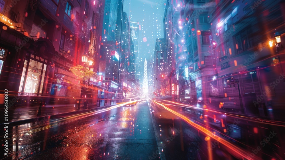 A vibrant cityscape at night with neon lights and a rainy street, creating a futuristic atmosphere. A vibrant cityscape at night with neon lights and a rainy street, creating a futuristic atmosphere.
