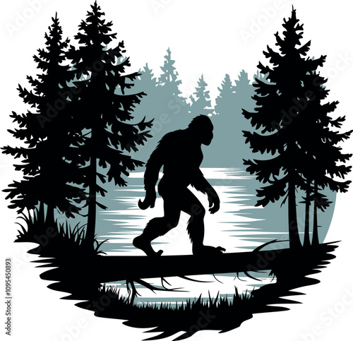 Bigfoot is walking in forest Mysterious Creature