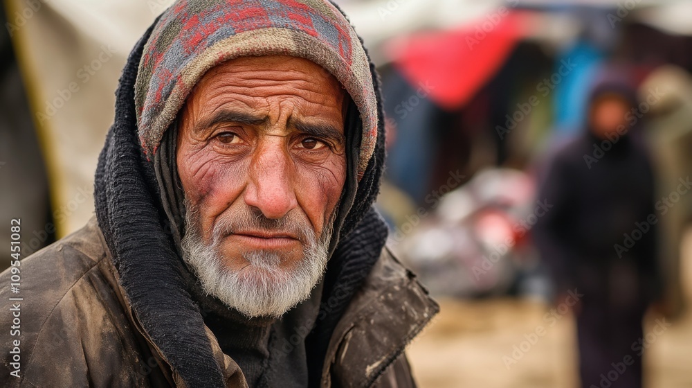 The weary face of a refugee in a crowded camp, Reflecting the human cost of displacement, photography style The weary face of a refugee in a crowded camp, Reflecting the human cost of displacement, photography style